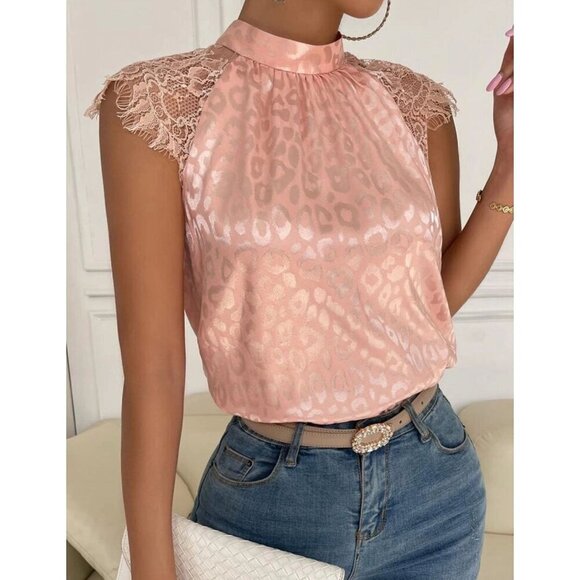 Leopard Elegant Dusty Pink Contrast Lace Satin Blouse - Picture 4 of 6